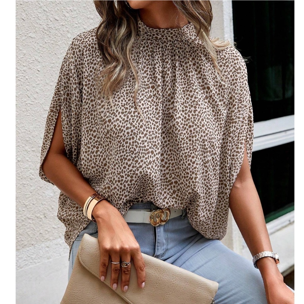 Spotted Print Beige Blouse Top Flowy, High Neck